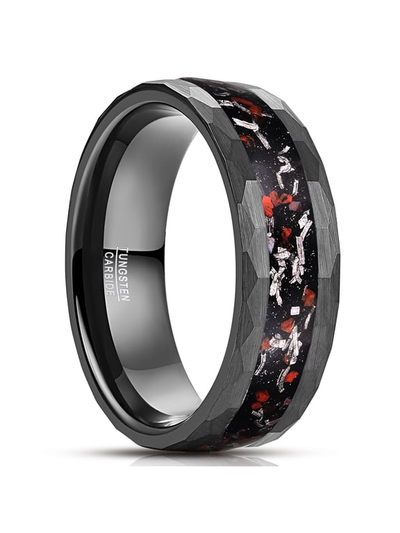 Black Tungsten Wedding Ring for Men Dinosaur Bone and Meteorite Inlay 8mm Black Engagement Ring Hammered Edge Comfort Fit Size 7-12