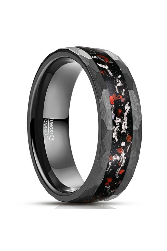 Black Tungsten Wedding Ring for Men Dinosaur Bone and Meteorite Inlay 8mm Black Engagement Ring Hammered Edge Comfort Fit Size 7-12