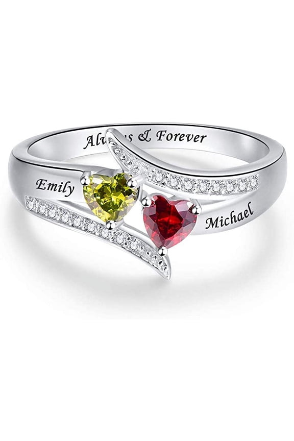 Custom Infinity Heart Promise Rings 925 Sterling Silver with 2 Heart Cut Simulated Birthstones for Couples Personalized Promise Anniversary Ring