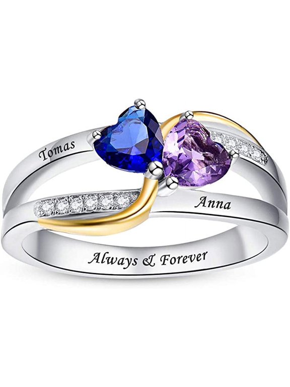 Custom Silver Rings for Her Personalized Infinity Mothers Ring with 2 Heart Cut Simulated Birthstones Engraved Engagement Promise Rings for Women Size 5-12