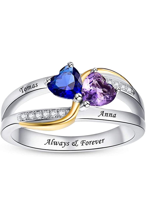 Custom Silver Rings for Her Personalized Infinity Mothers Ring with 2 Heart Cut Simulated Birthstones Engraved Engagement Promise Rings for Women Size 5-12
