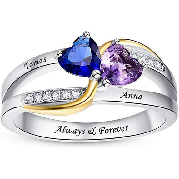 JQUEEN Custom Silver Rings for Her Personalized Infinity Mothers Ring with 2 Heart Cut Simulated Birthstones Engraved Engagement Promise Rings for Women Size 5-12