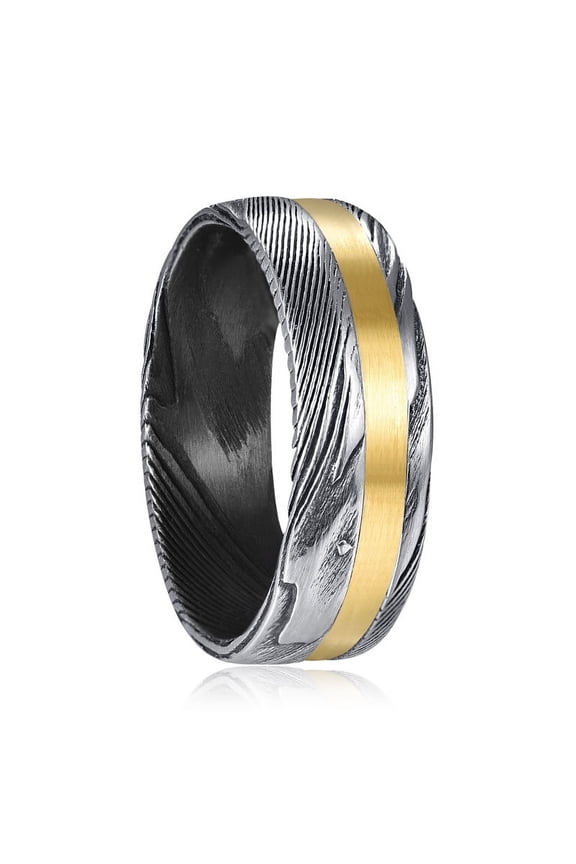 Damascus Ring for Men Copper Inlay 8mm Black Hammered Engagement Wedding Bands Size 7-12