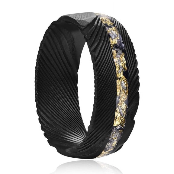 JQUEEN Damascus Ring for Men Meteorite & Gold Leaf Inlay 8mm Black Hammered Engagement Wedding Bands Domed Size 7-12