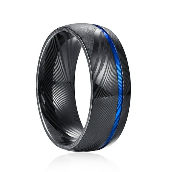 JQUEEN Damascus Steel Ring for Men Blue Groove 8mm Black Domed Wedding Band Comfort Fit