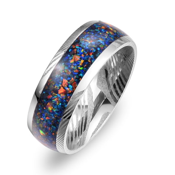 JQUEEN Damascus Steel Ring for Men Crushed Galaxy Opal Inlay 8mm Domed Wedding Band Comfort Fit