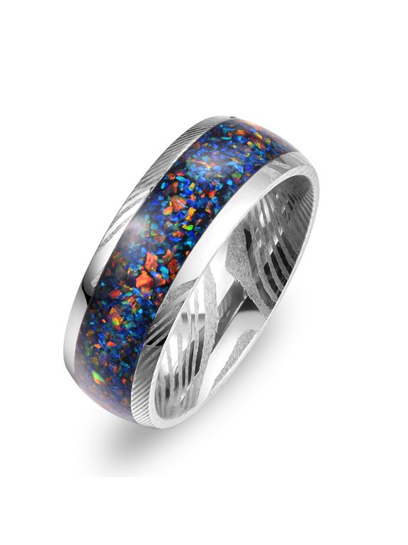 Damascus Steel Ring for Men Crushed Galaxy Opal Inlay 8mm Domed Wedding Band Comfort Fit