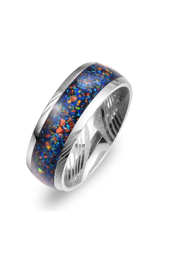 Damascus Steel Ring for Men Crushed Galaxy Opal Inlay 8mm Domed Wedding Band Comfort Fit