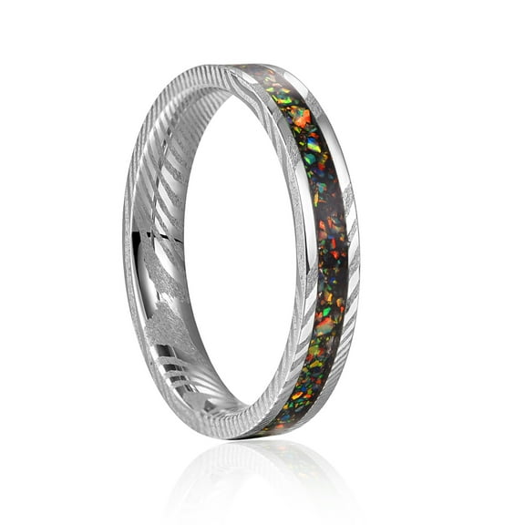 JQUEEN Damascus Steel Ring for Men Crushed Opal Inlay 4mm Domed Wedding Band Comfort Fit