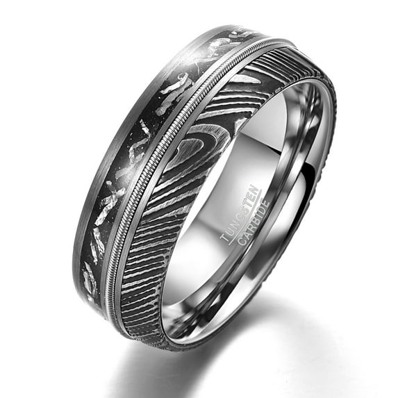JQUEEN Damascus Steel Ring for Men Meteorite & Guitar String Inlay 8mm Domed Wedding Band Comfort Fit