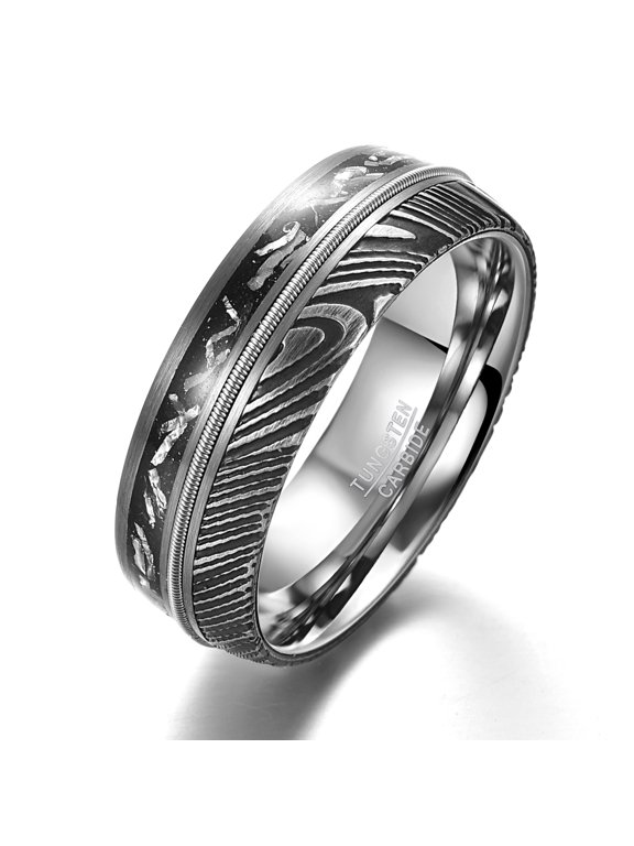 Damascus Steel Ring for Men Meteorite & Guitar String Inlay 8mm Domed Wedding Band Comfort Fit