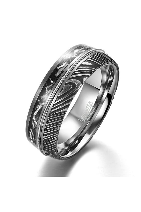 Damascus Steel Ring for Men Meteorite & Guitar String Inlay 8mm Domed Wedding Band Comfort Fit