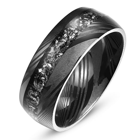 JQUEEN Damascus Steel Ring for Men Meteorite Inlay 8mm Black Domed Wedding Band Comfort Fit
