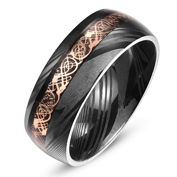 JQUEEN Damascus Steel Ring for Men Rose Gold Celtic Dragon Inlay 8mm Domed Wedding Band Comfort Fit