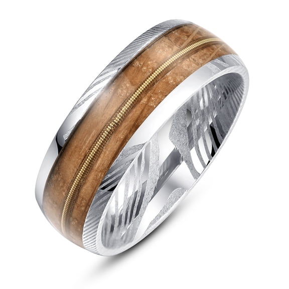 JQUEEN Damascus Steel Ring for Men Whiskey Barrel Wood & Guitar String Inlay 8mm Domed Wedding Band Comfort Fit