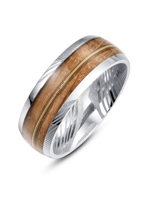 Damascus Steel Ring for Men Whiskey Barrel Wood & Guitar String Inlay 8mm Domed Wedding Band Comfort Fit