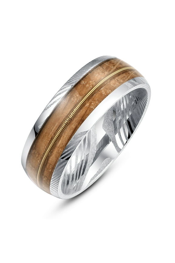 Damascus Steel Ring for Men Whiskey Barrel Wood & Guitar String Inlay 8mm Domed Wedding Band Comfort Fit
