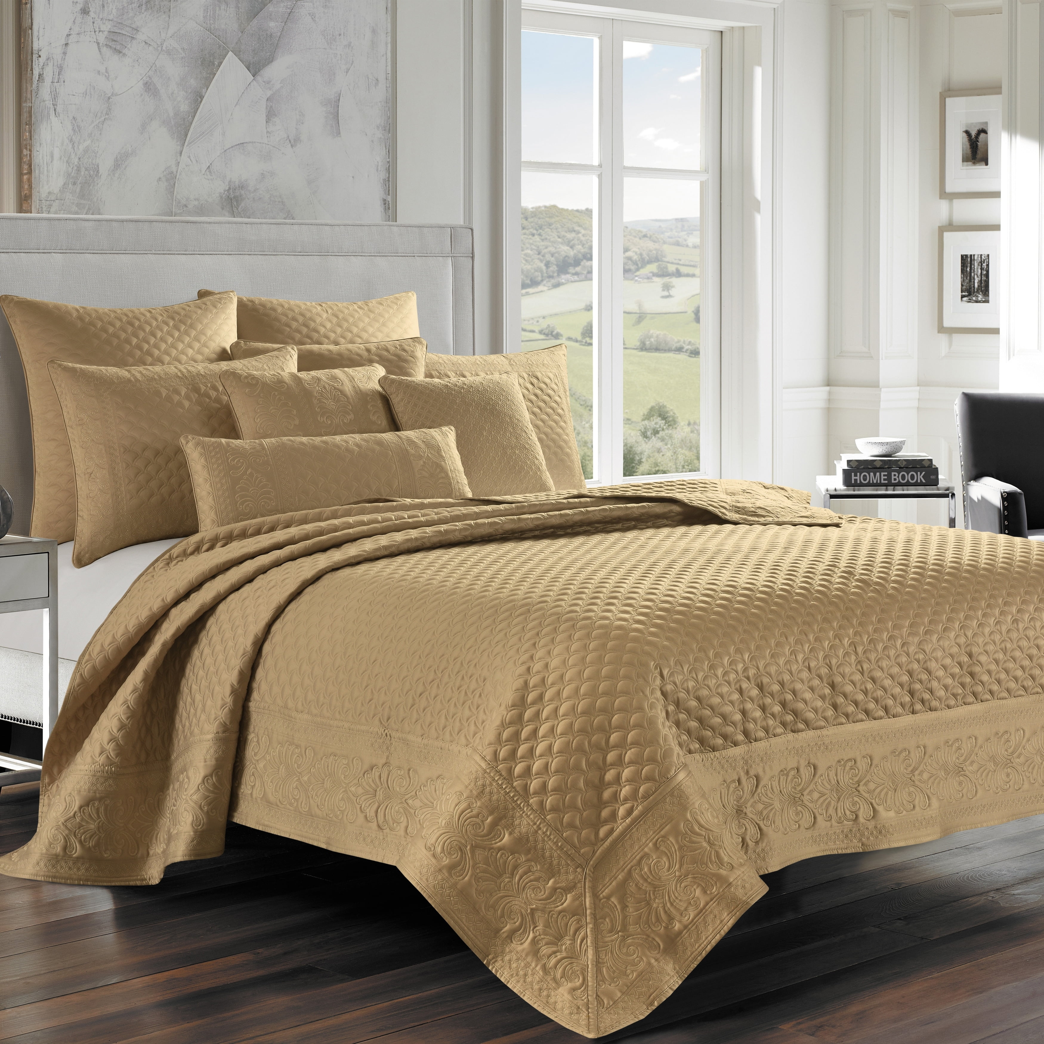 Gold King Size Quilted Coverlet Set with Embroidery