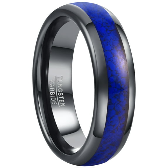 JQUEEN Gunmetal 6mm Blue Lapis Lazul Polished Finish Black Tungsten Wedding Ring Size 7-12