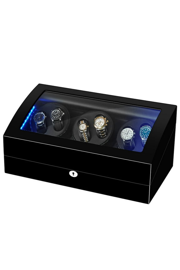 LED Watch Winder Box,6 Automatic Rotation, Includes AC Adapter, Key, Black, Model 2023