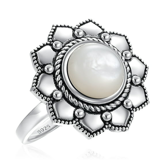 JQUEEN Lotus Flower Ring 925 Sterling Silver Mother of Pearl Statement Ring for Women