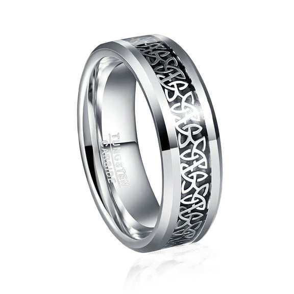 JQUEEN Men's 8mm Celtic Knot Silver and Black Tungsten Carbide Rings Size 7-12