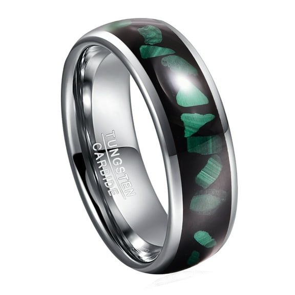 JQUEEN Men's 8mm Green Broken Malachite Inlaid Tungsten Carbide Engagement Rings Size 7-12