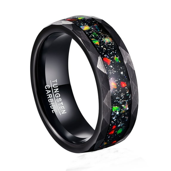 JQUEEN Men's 8mm Hammer Pattern Inlaid Tungsten Carbide Rings Black Sand Bottom Fire Color Broken Opal Engagement Rings