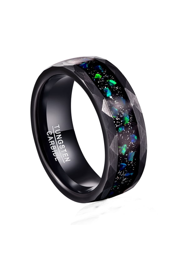 Men's 8mm Hammer Pattern Inlaid Tungsten Carbide Rings Black Sand Bottom Green Crushed Opal Engagement Rings Size 7-12