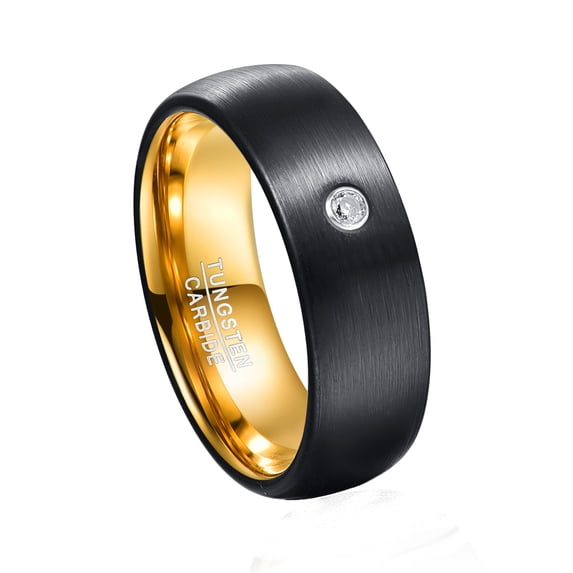 JQUEEN Men's 8mm Inlaid Stone Tungsten Carbide Rings with Cubic Zirconia Outer Black Inner Gold Engagement Rings Size 7-12