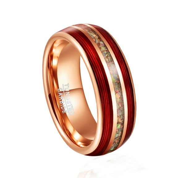JQUEEN Men's 8mm Rose Gold inlaid Red Tungsten Carbide Rings Broken Opal Engagement Rings Size 7-12