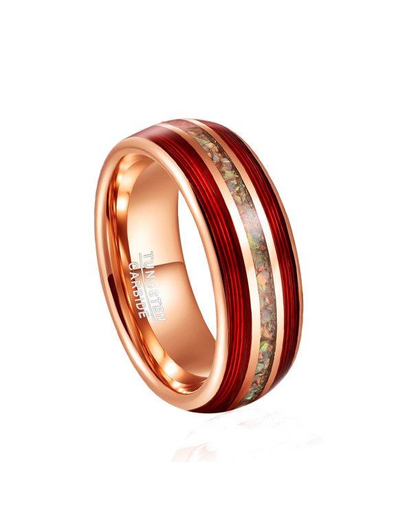 Men's 8mm Rose Gold inlaid Red Tungsten Carbide Rings Broken Opal Engagement Rings Size 7-12