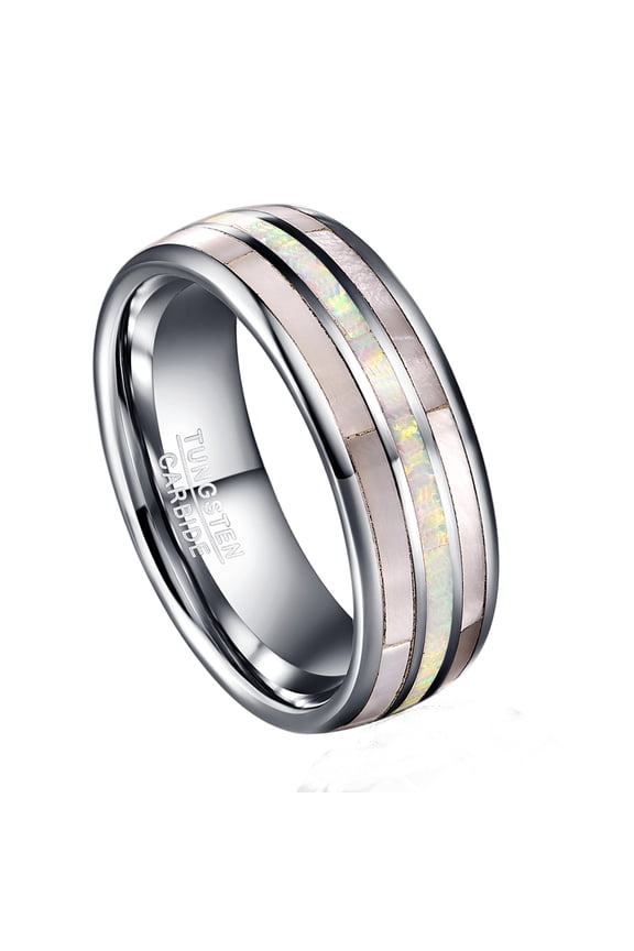 Men's 8mm White Opal Tungsten Carbide Rings Inlaid White Shell Engagement Rings Size 7-12