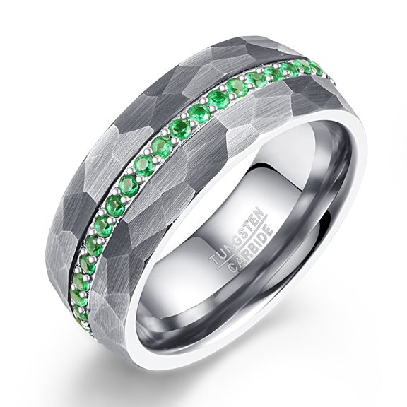 JQUEEN Mens Rings 925 Sterling Silver Green Cubic Zirconia 8mm Hip Hop Tungsten Ring Hammered Edge