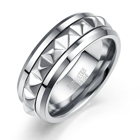 JQUEEN Mens Tungsten Rings 925 Sterling Silver Pyramid Inlay 8mm Ring Beveled Edge Comfort Fit