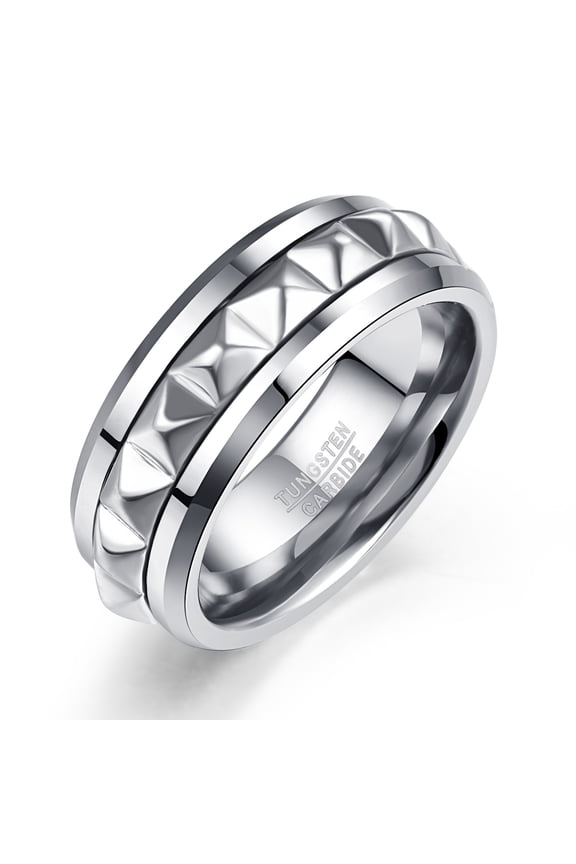 Mens Tungsten Rings 925 Sterling Silver Pyramid Inlay 8mm Ring Beveled Edge Comfort Fit