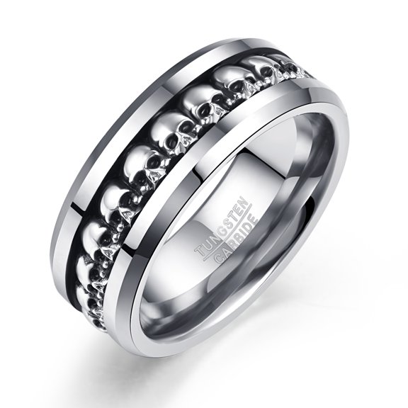 JQUEEN Mens Tungsten Rings 925 Sterling Silver Skull Inlay 8mm Ring Beveled Edge Comfort Fit