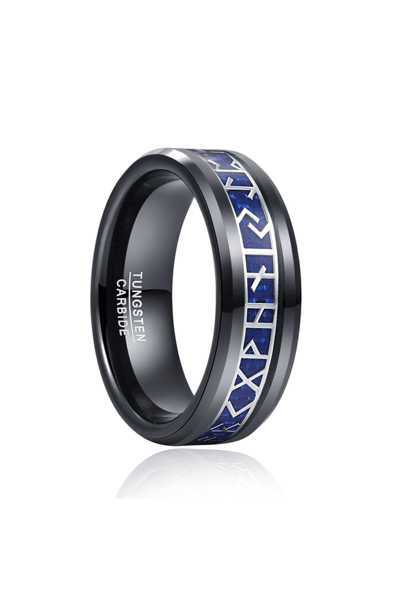 Norse Viking Rune Rings 8mm Black Mens Tungsten Wedding Bands Blue Carbon Fiber Ring with Beveled Edges Comfort Fit
