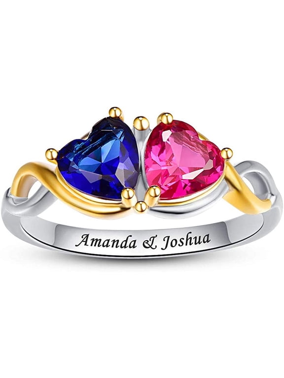Personalized & Custom 18K Gold Plated Engraved Ring 925 Sterling Silver Simulated Birthstone Ring Heart Ring Couples Ring
