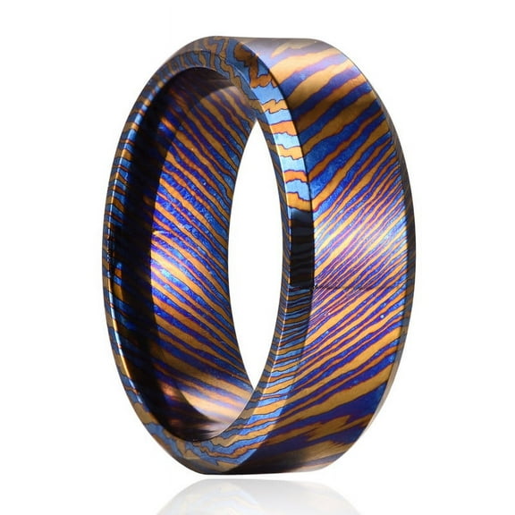 JQUEEN Titanium Damascus Ring for Men 8mm Blue Engagement Wedding Bands Polished Beveled Edge Size 7-12