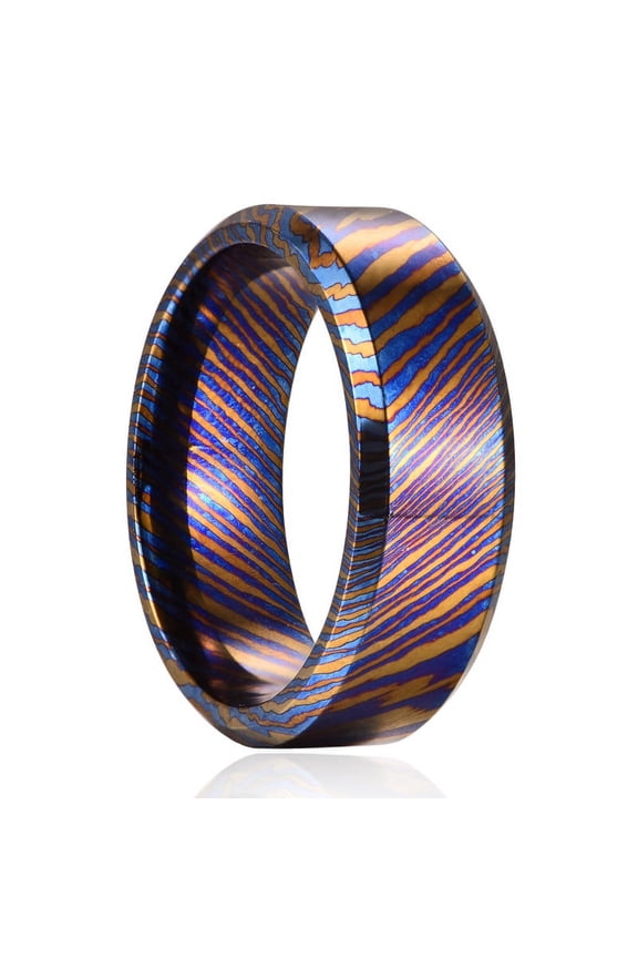 Titanium Damascus Ring for Men 8mm Blue Engagement Wedding Bands Polished Beveled Edge Size 7-12