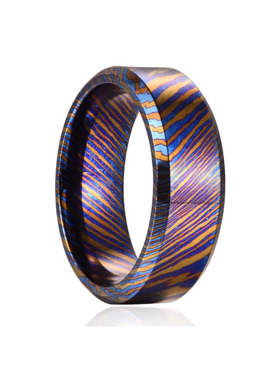 Titanium Damascus Ring for Men 8mm Blue Engagement Wedding Bands Polished Beveled Edge Size 7-12