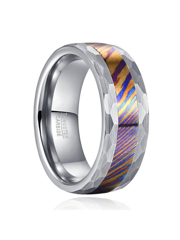 Titanium Damascus Ring for Men 8mm Blue Engagement Wedding Bands Silver Hammered Edge Size 7-12