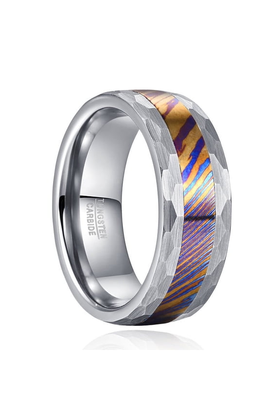 Titanium Damascus Ring for Men 8mm Blue Engagement Wedding Bands Silver Hammered Edge Size 7-12