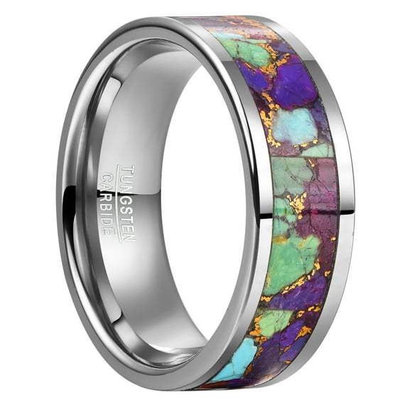 JQUEEN Tungsten Ring for Men Copper Purple Turquoise Inlay 8mm Tungsten Carbide Engagement Wedding Band Flat Edge Comfort Fit Size 7-12