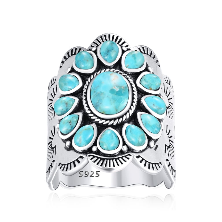 JQUEEN Turquoise Ring for Women 925 Sterling Silver Vintage Boho - Main Image