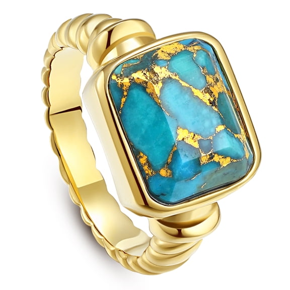 JQUEEN Women's 14K Gold Plated Statement Rings Rectangle Bronze Veined Turquoise Signet Ring Stainless Steel Twisted Cable Band Size 5-10