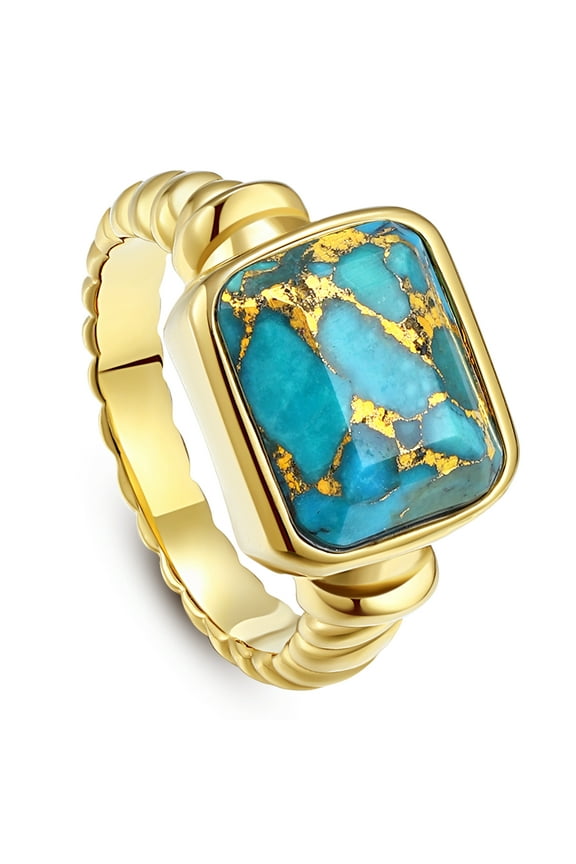 Women's 14K Gold Plated Statement Rings Rectangle Bronze Veined Turquoise Signet Ring Stainless Steel Twisted Cable Band Size 5-10