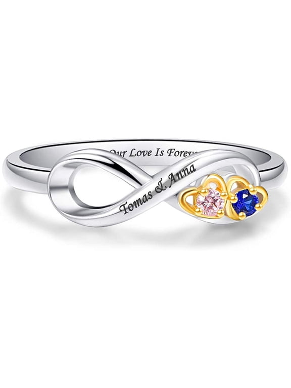 Women's Custom Ring 925 Sterling Silver Personalized Infinity Mothers Ring with 2 Round Simulated Birthstones Custom Engraved Engagement Promise Rings Size 5-12
