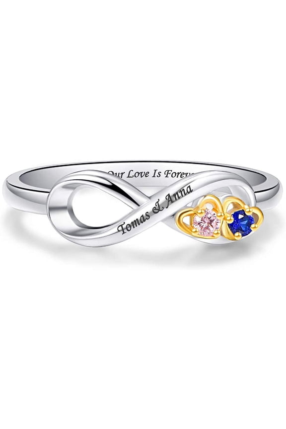 Women's Custom Ring 925 Sterling Silver Personalized Infinity Mothers Ring with 2 Round Simulated Birthstones Custom Engraved Engagement Promise Rings Size 5-12